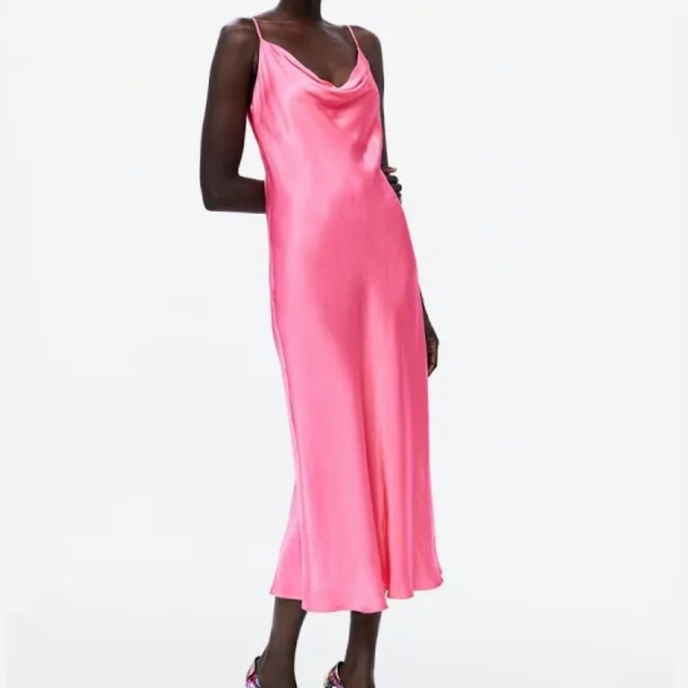 Zara Dresses | Zara Midi Cowlneck Pink Satin Slip Dress In Size Medium